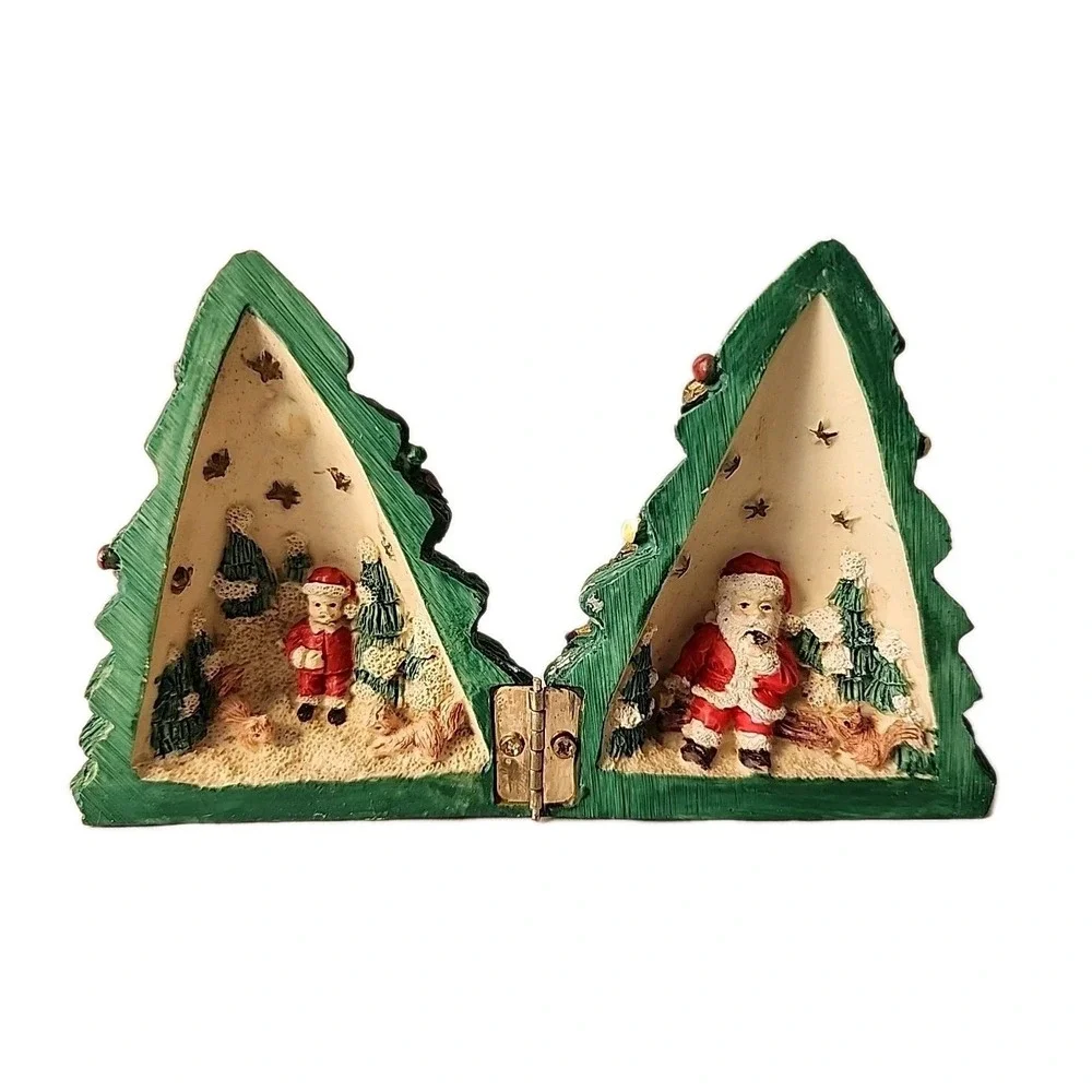 Lot 2 VTG Christmas Hinged‎ Diorama Cottage w/Christ & Bible, Xmas Tree w/Santa